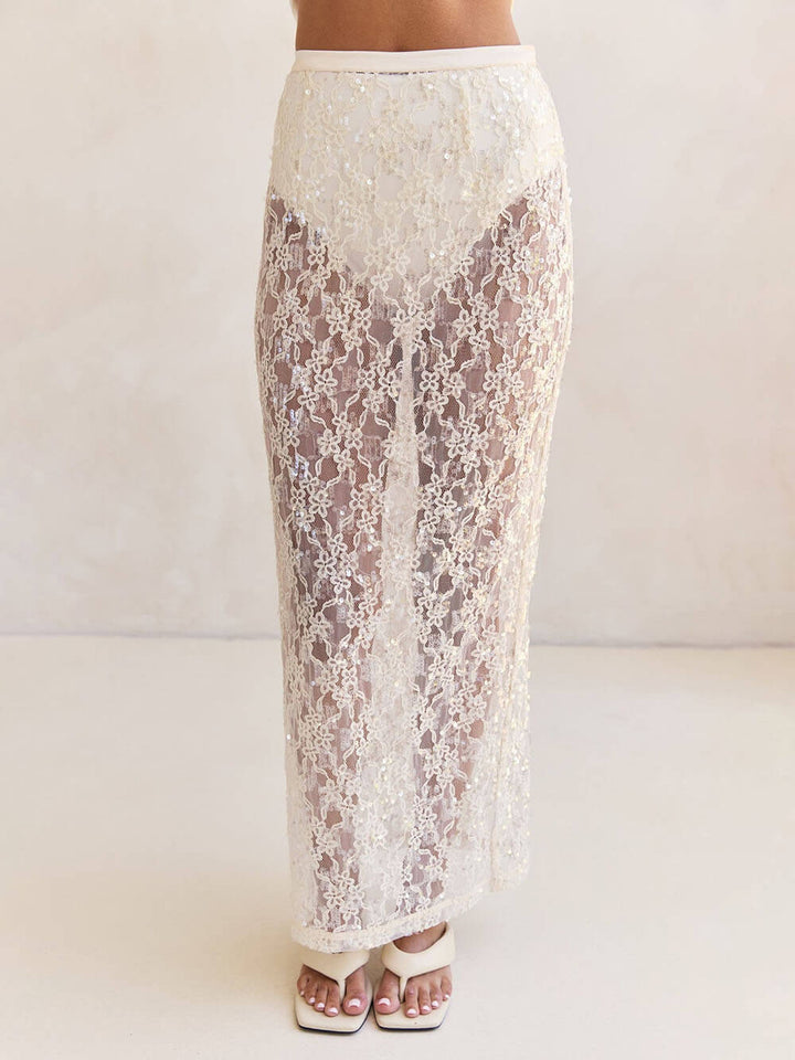 Elegant Sheer Sequin Lace High-Waist Maxi Skirt