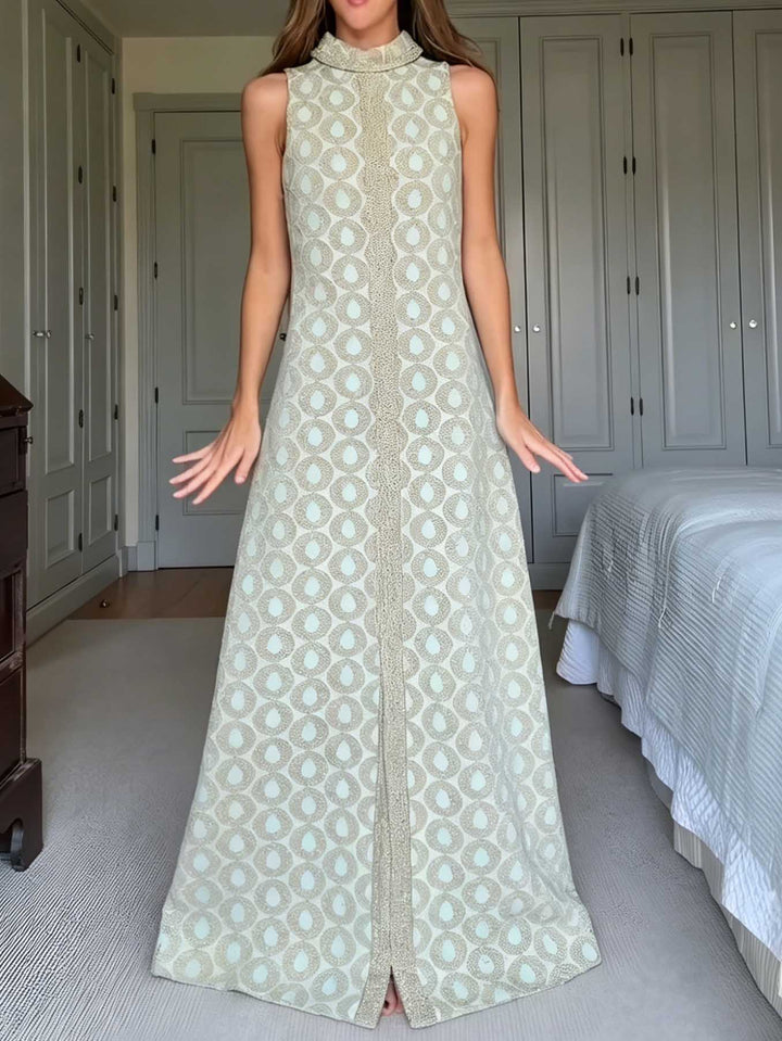 Elegant Geometric Print High Neck Slit Maxi Dress