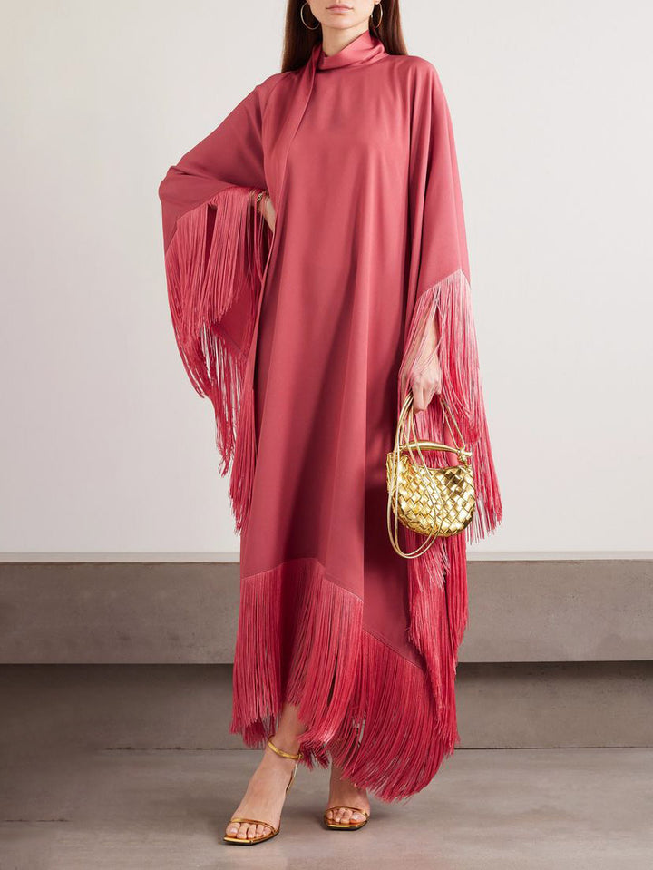 Elegant High-Neck Fringe Trim Asymmetrical Maxi Dress