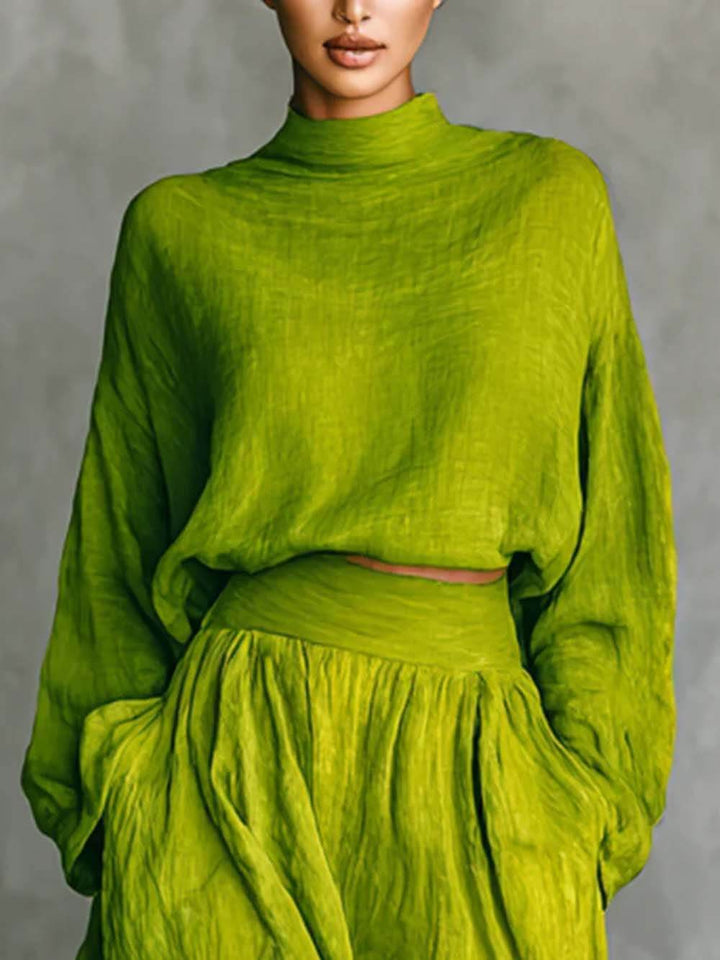 Casual Green Pleated High-Waist Pocket Skirt