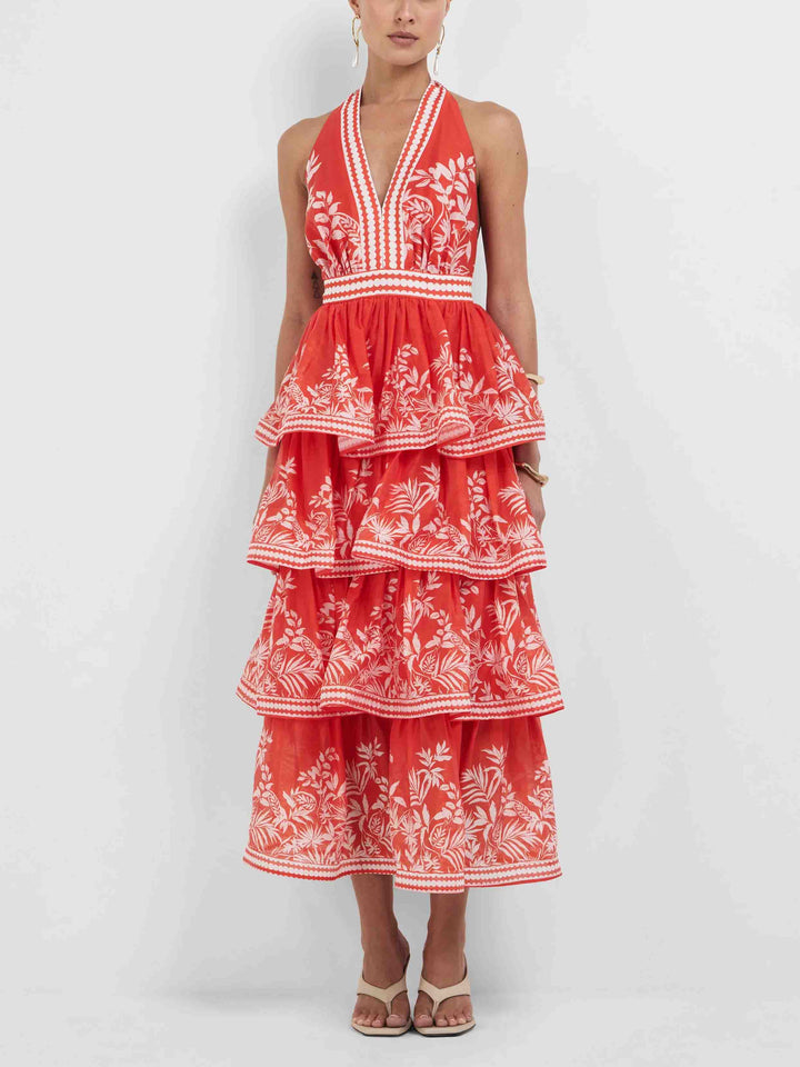 Exquisite Palm Print Layered Midi Dress