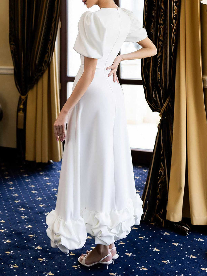 Elegant Puff Sleeve Ruffle Hem Maxi Dress