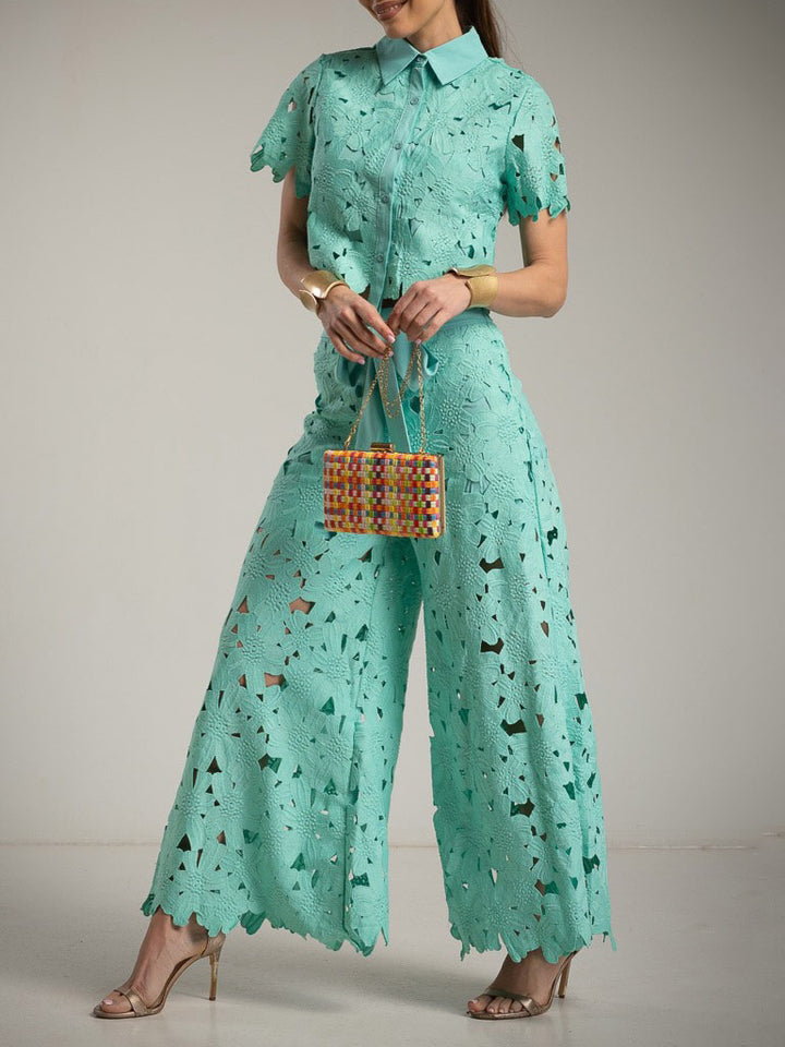 Casual Cutout Lace Wide-Leg Pants