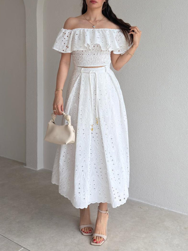 Exquisite Cutout Embroidered Off-Shoulder Ruffle Two-Piece Crop Set