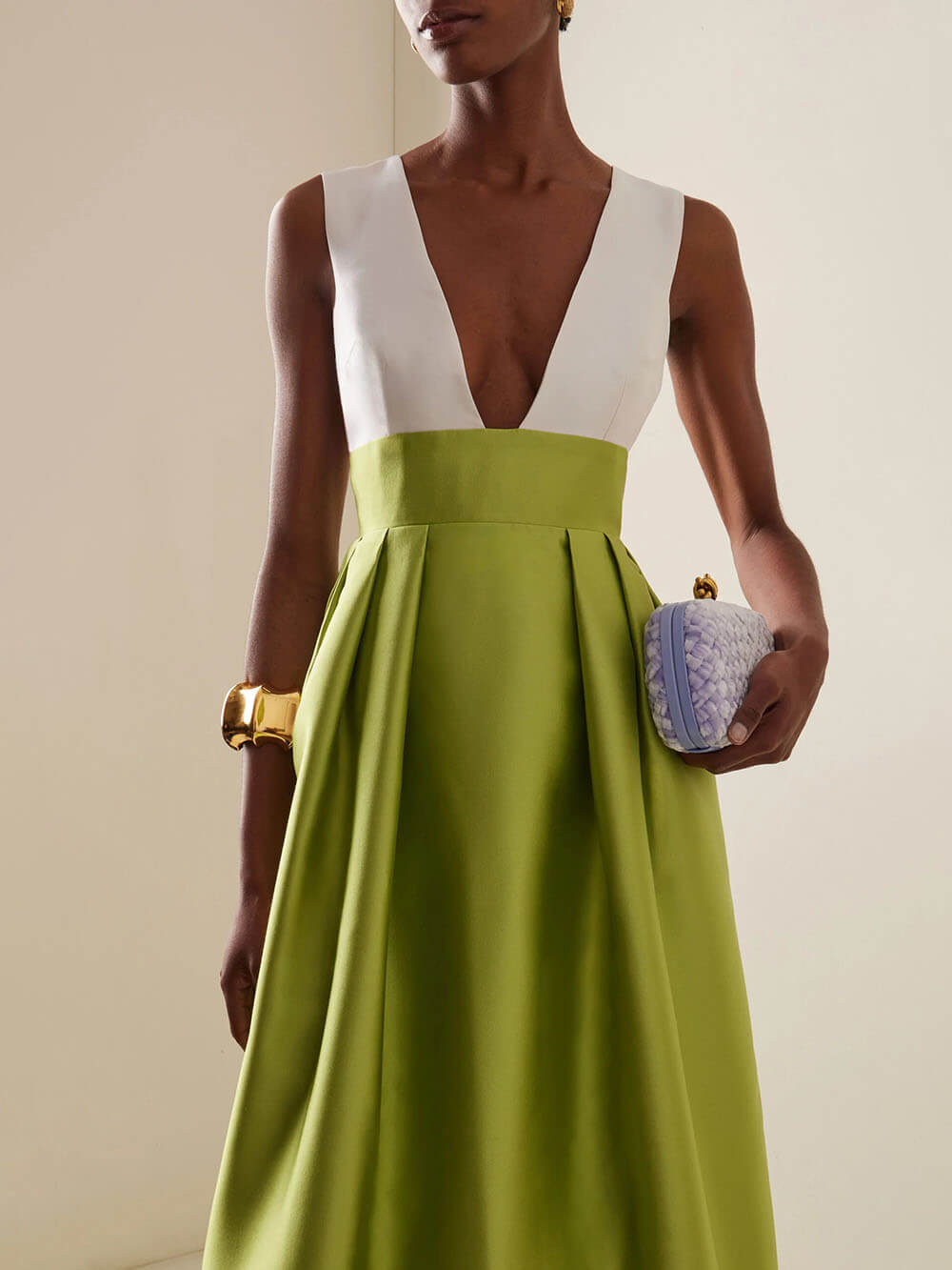 Elegant Deep V-Neck Colorblock Ruched A-Line Maxi Dress