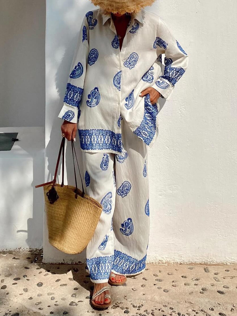 Unique Ethnic Pattern Print Loose Elastic Waist Pocket Wide-Leg Pants