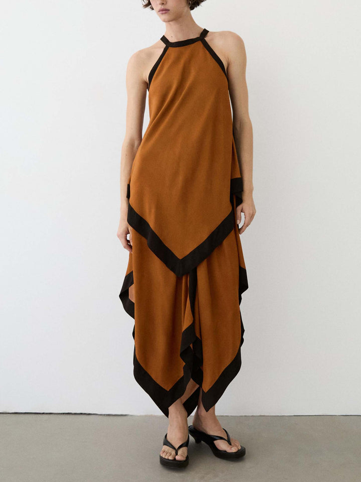 Elegant Color Block Halter Asymmetric Hem Midi Dress