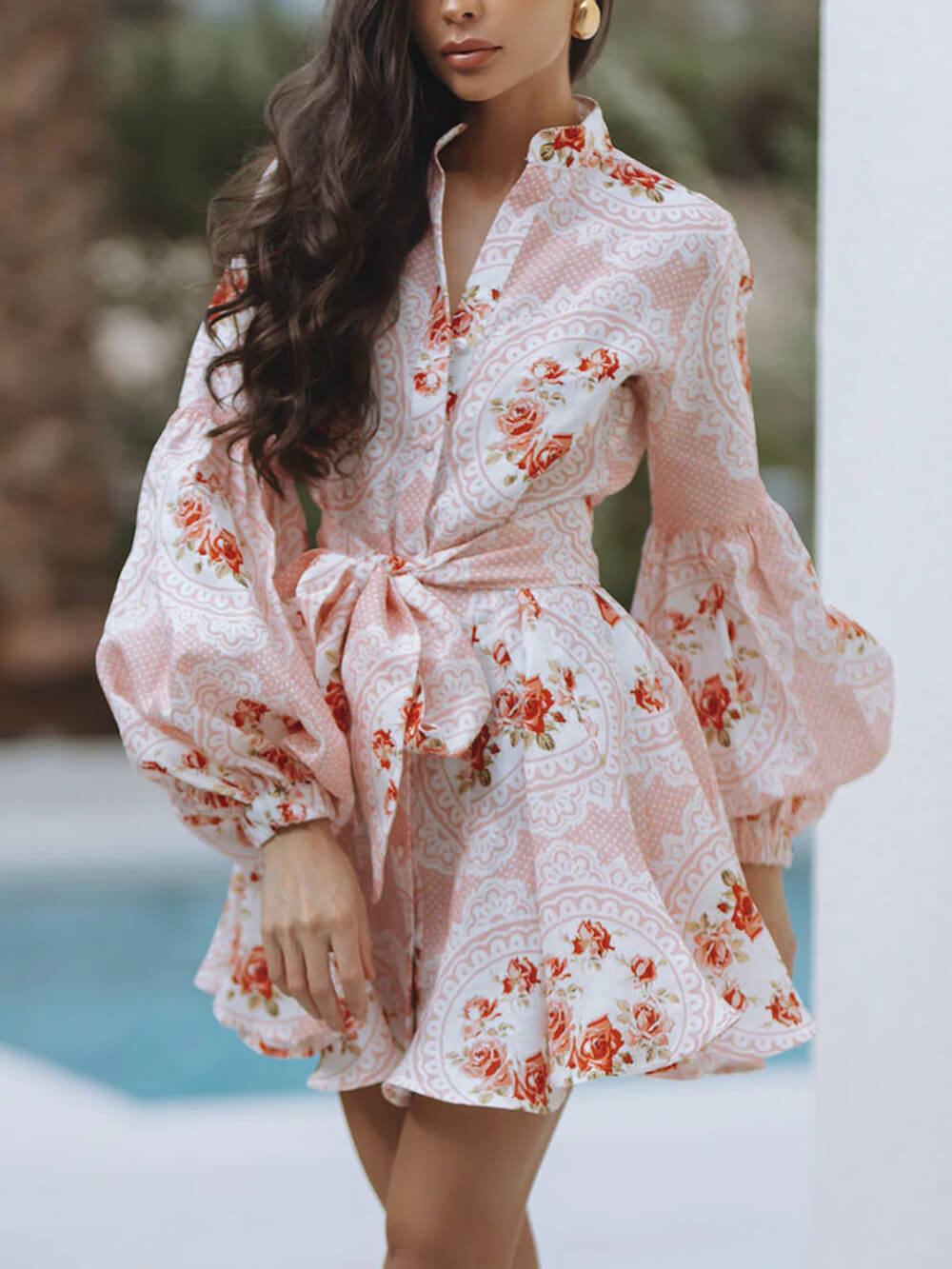 Elegant Rose Print Bow-Embellished Linen Mini Dress