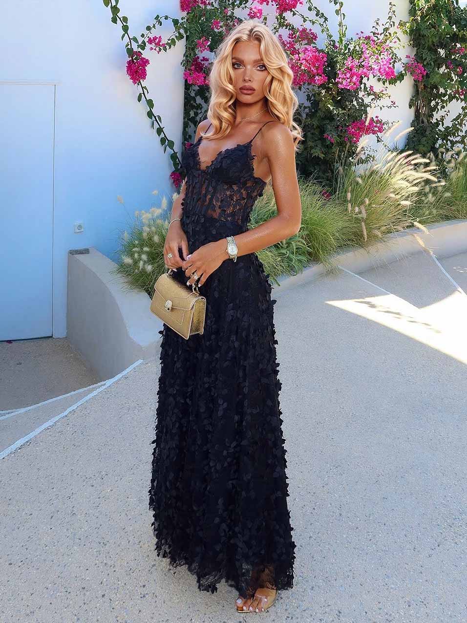 Elegant Lace Floral Applique A-Line Maxi Dress