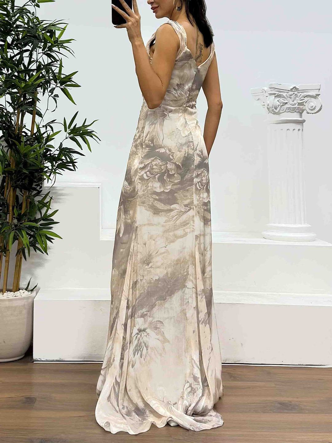 Elegant Watercolor Floral Ruched High Slit Maxi Dress