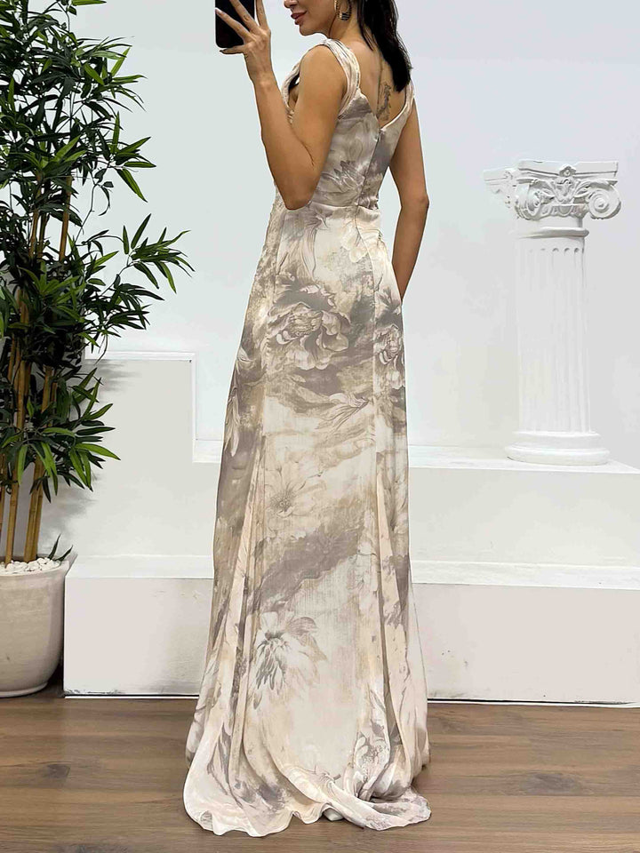 Elegant Watercolor Floral Ruched High Slit Maxi Dress