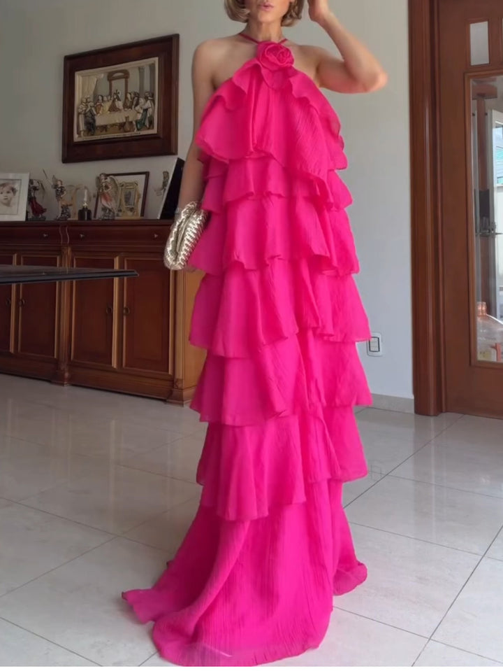 Elegant Tiered Ruffle Halter Maxi Dress