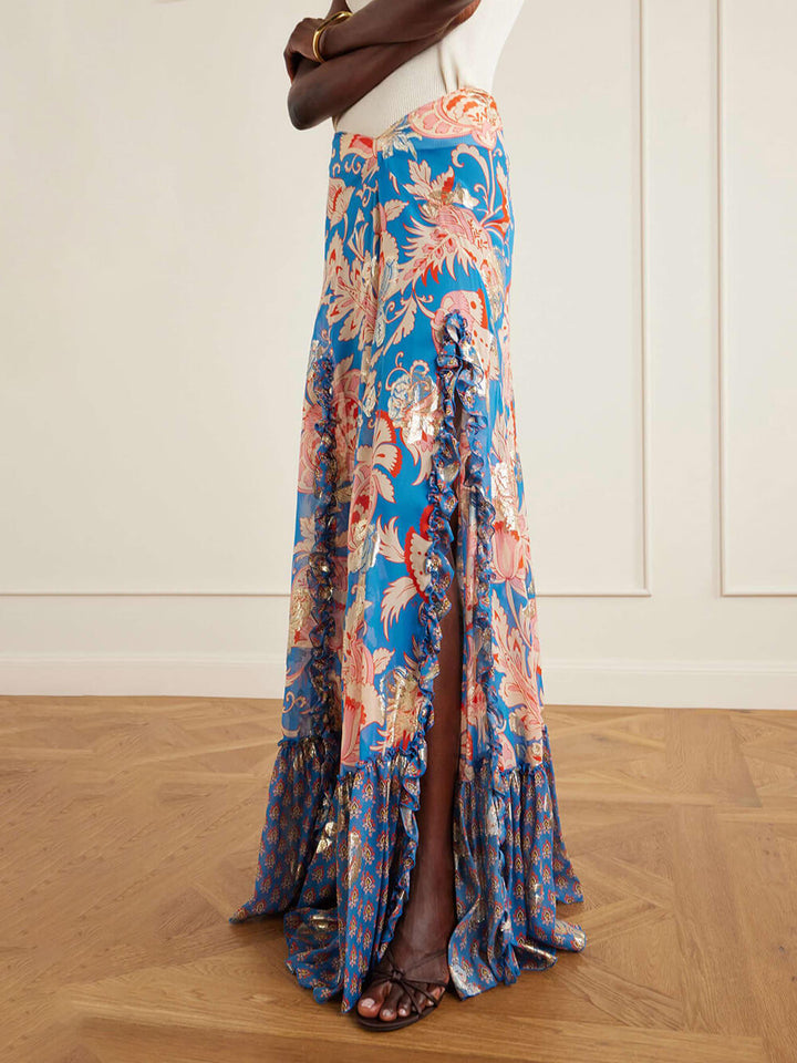 Retro Floral Print Ruffle Slit Maxi Skirt