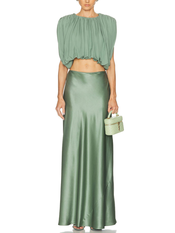 Elegant Ruched Crop Top & Satin Midi Skirt Set