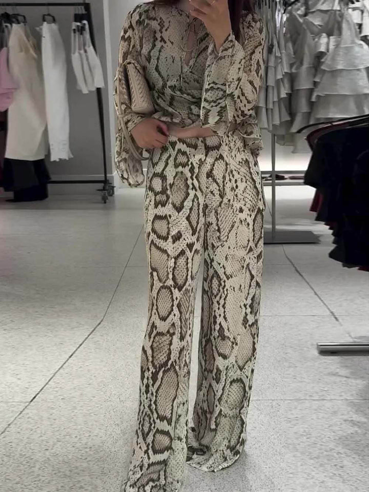 Unique Snake Print Tie-Up Long Sleeve Shirt