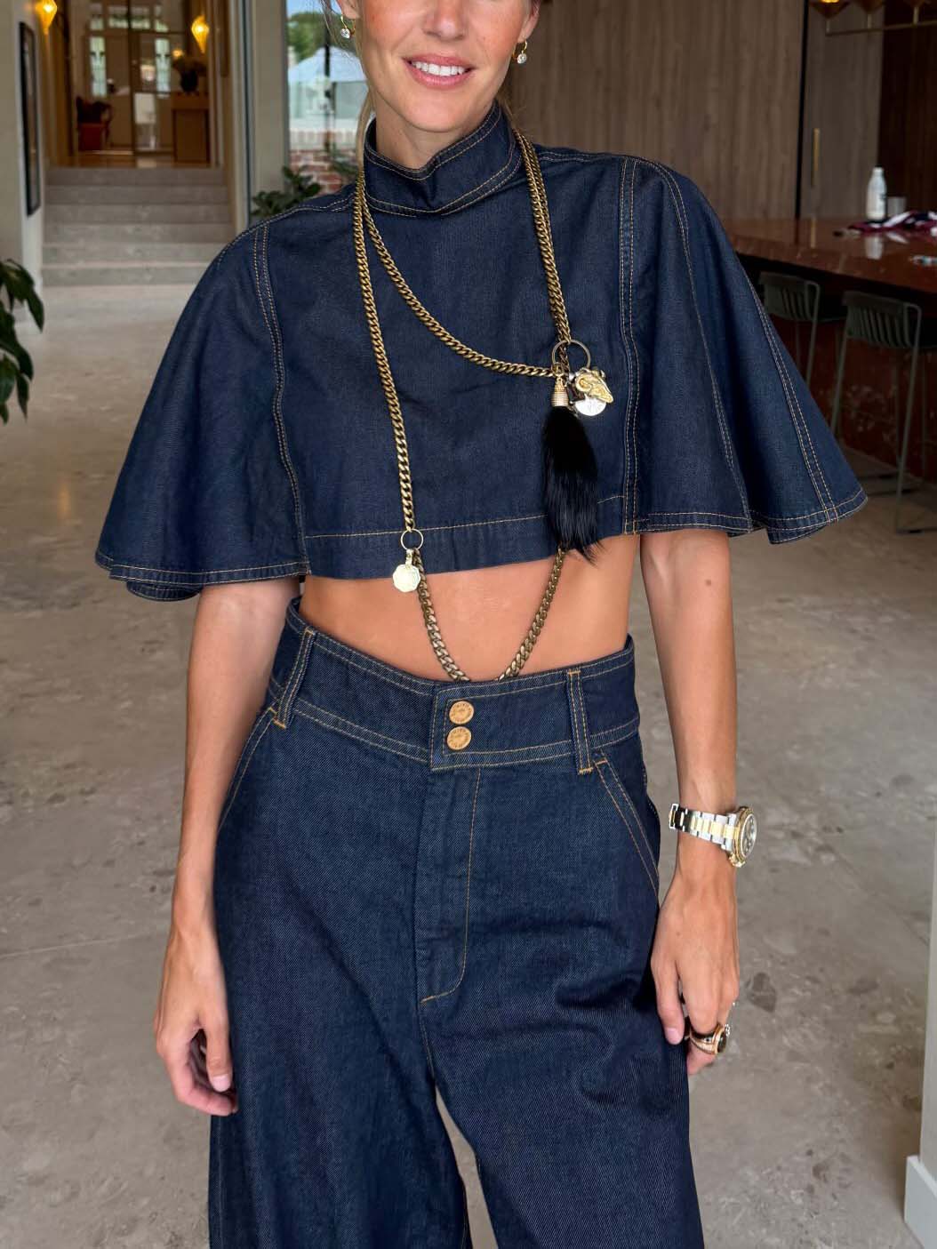 Modern Denim Cape Top & High-Waist Tapered Pants Two-Piece Set