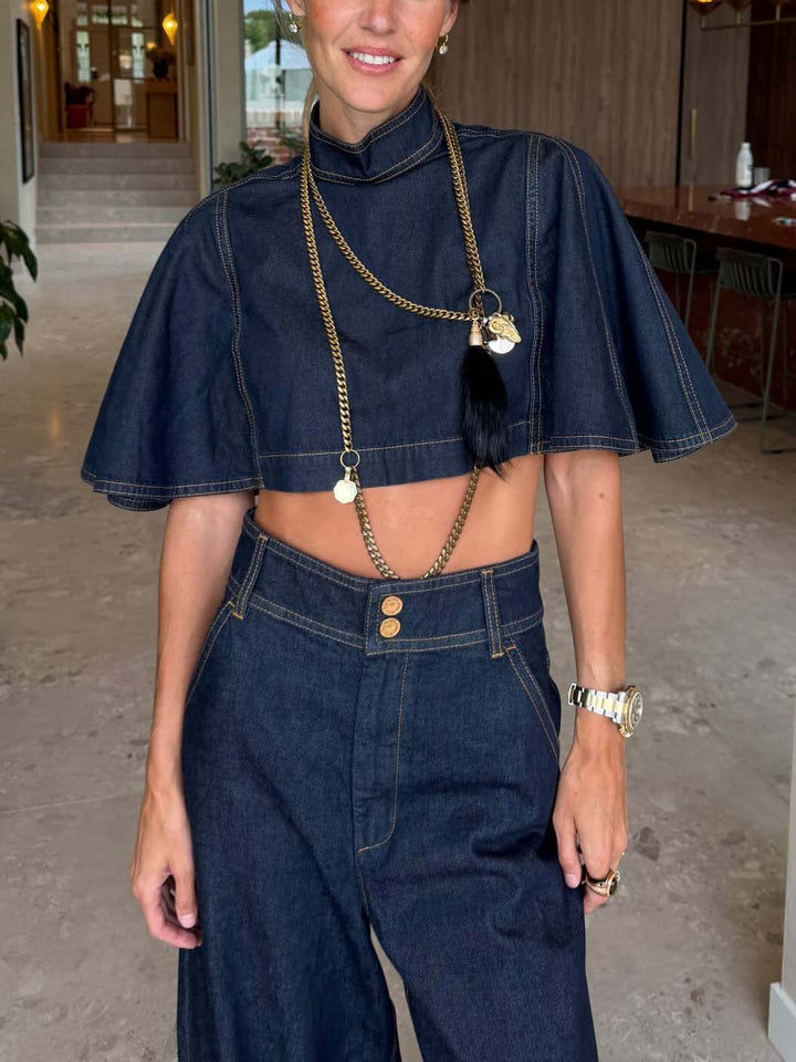 Modern Denim Cape Top & High-Waist Tapered Pants Two-Piece Set