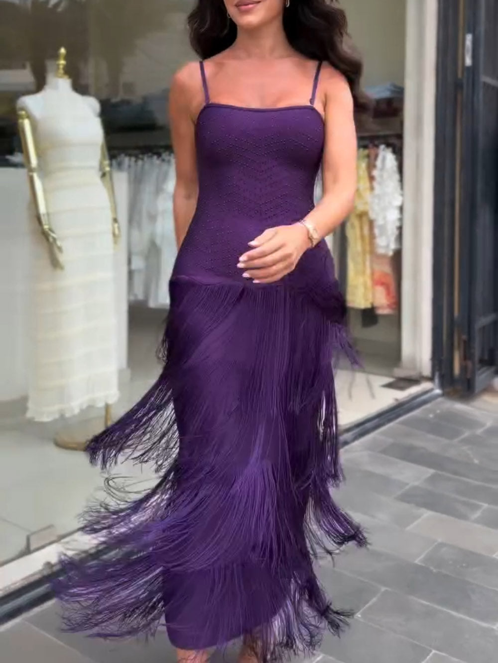 Elegant Layered Fringe Spaghetti Strap Maxi Dress
