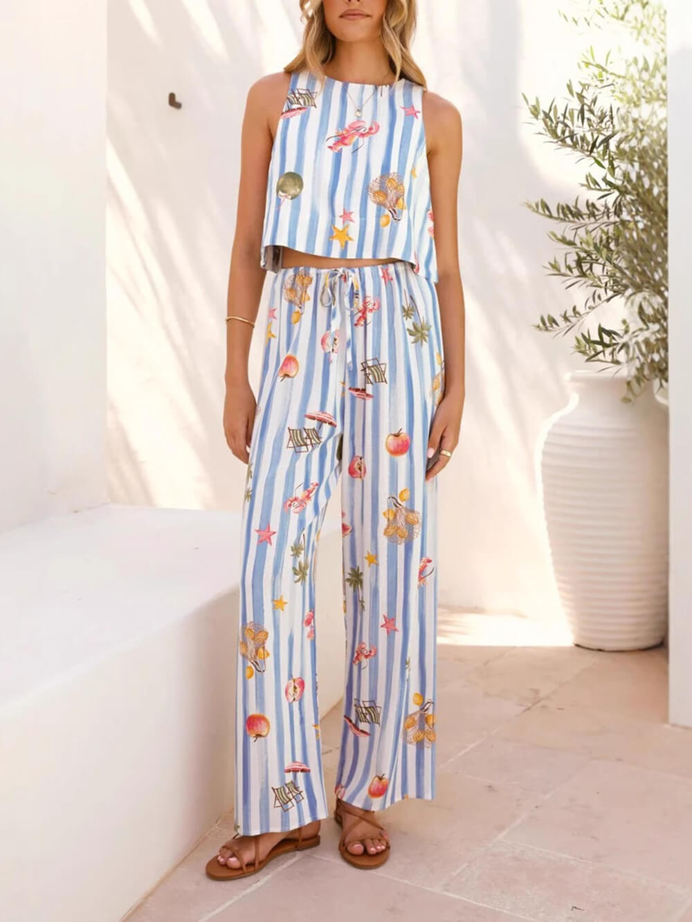Casual Fruit Print Linen Sleeveless Striped Set