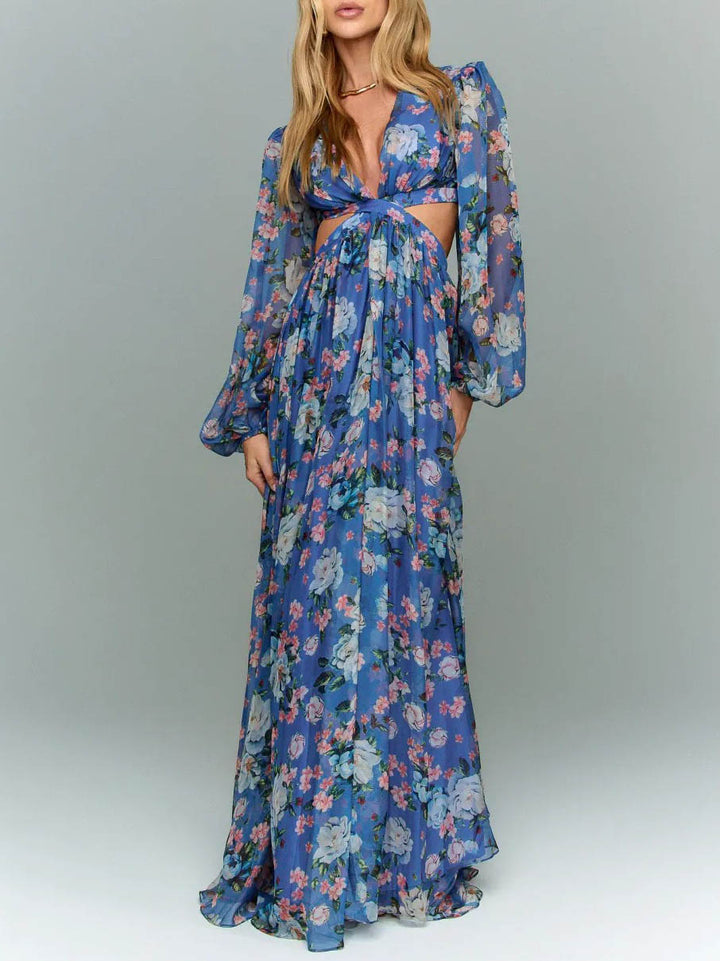 Elegant Floral Print Cutout Waist Long Sleeve Chiffon Maxi Dress