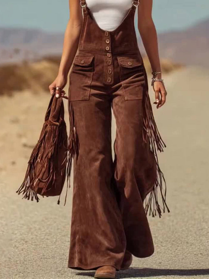Retro Faux Suede Flared Overalls