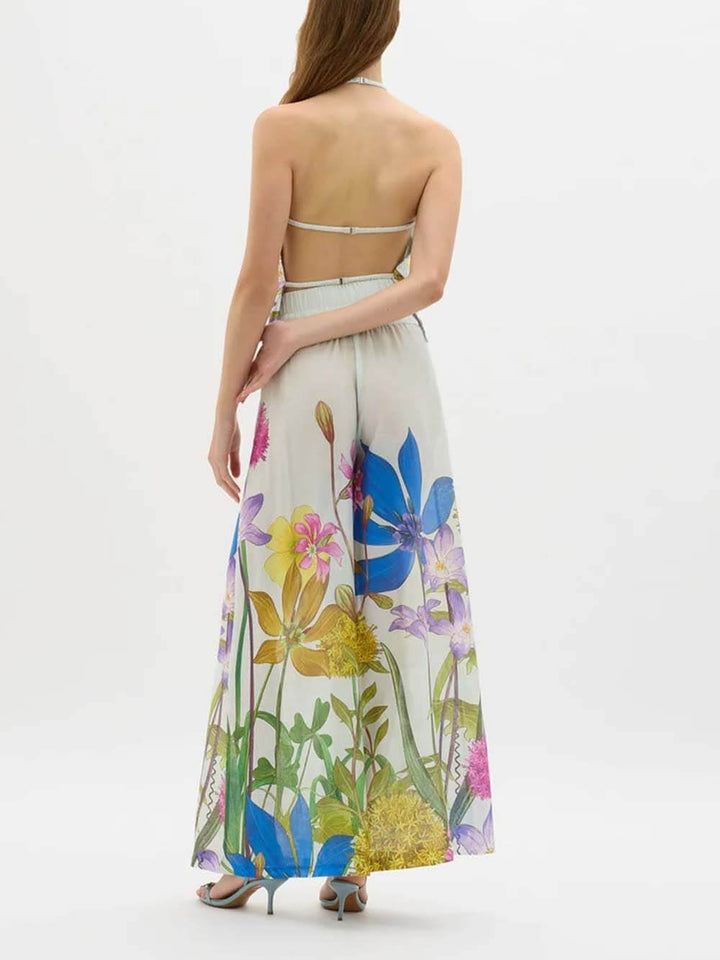 Unique Garden Print Elastic Waist Wide-Leg Pants