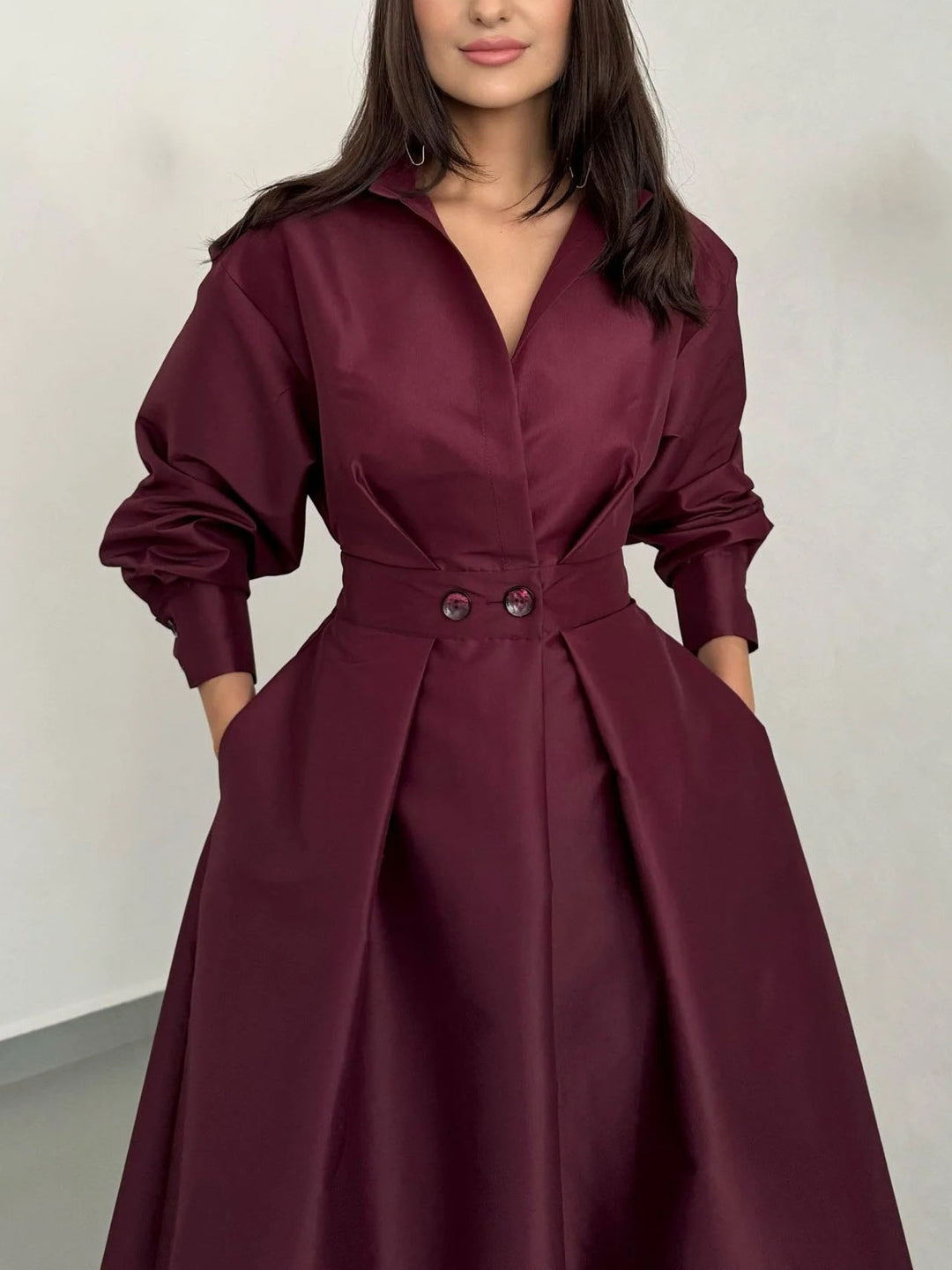 Elegant Collared Long-Sleeve A-Line Midi Dress