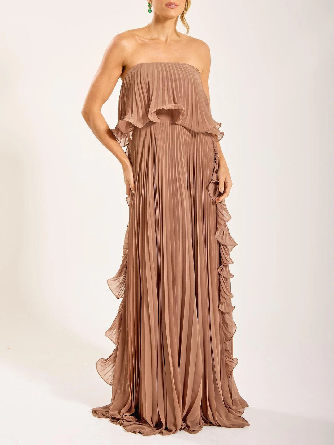 Elegant Strapless Pleated Ruffled Chiffon Maxi Dress