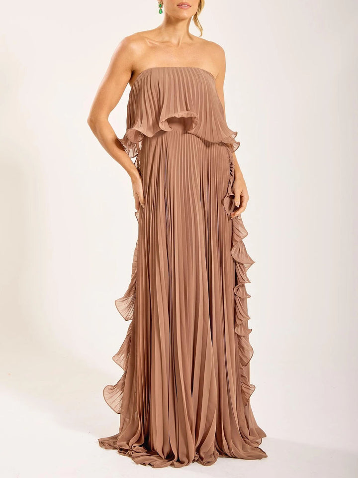 Elegant Strapless Pleated Ruffled Chiffon Maxi Dress