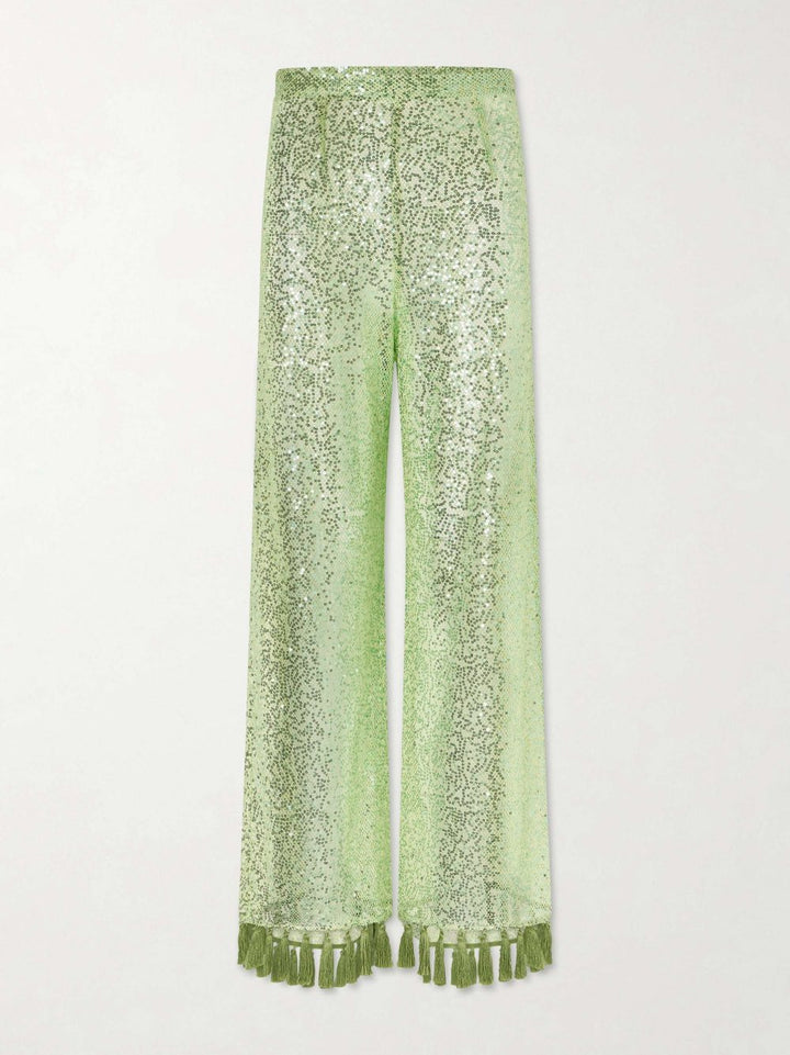 Elegant One-Shoulder Sequin Tassel Top & Flared Pants Two-Piece Set