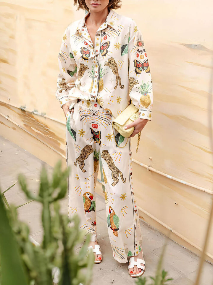 Fashionable Tiger Pattern Print Linen Loose Pocket Wide-Leg Pants