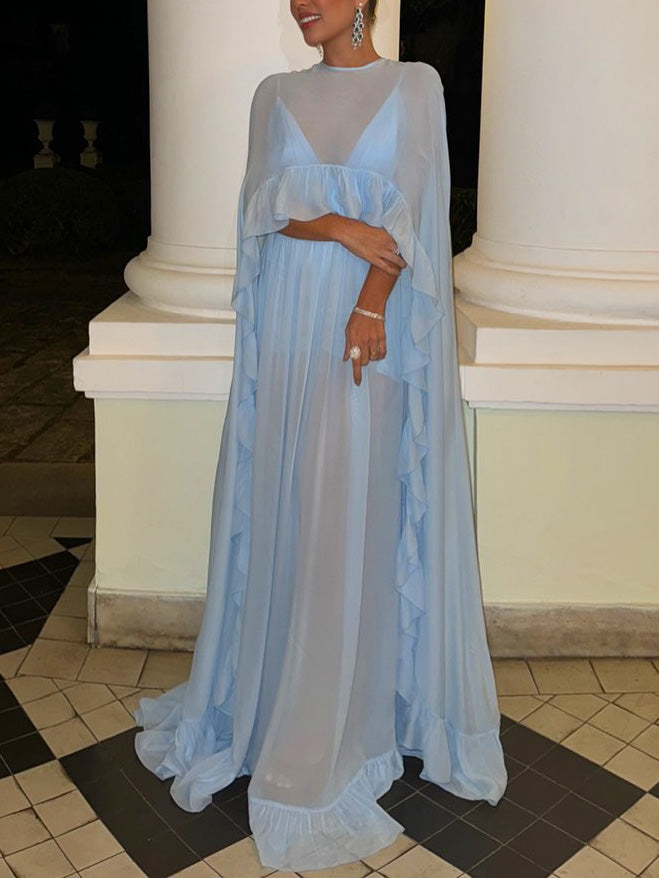 Elegant V-neck Side Slit Ruffled Chiffon Flowy Maxi Dress