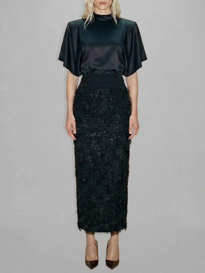 Elegant Satin Top & Sequin Feather Midi Skirt Two-Piece Set