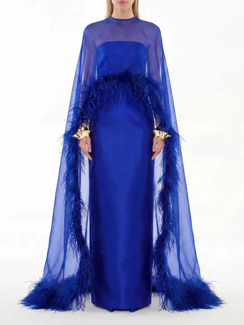 Elegant Sheer Chiffon Shawl Black Satin Maxi Dress