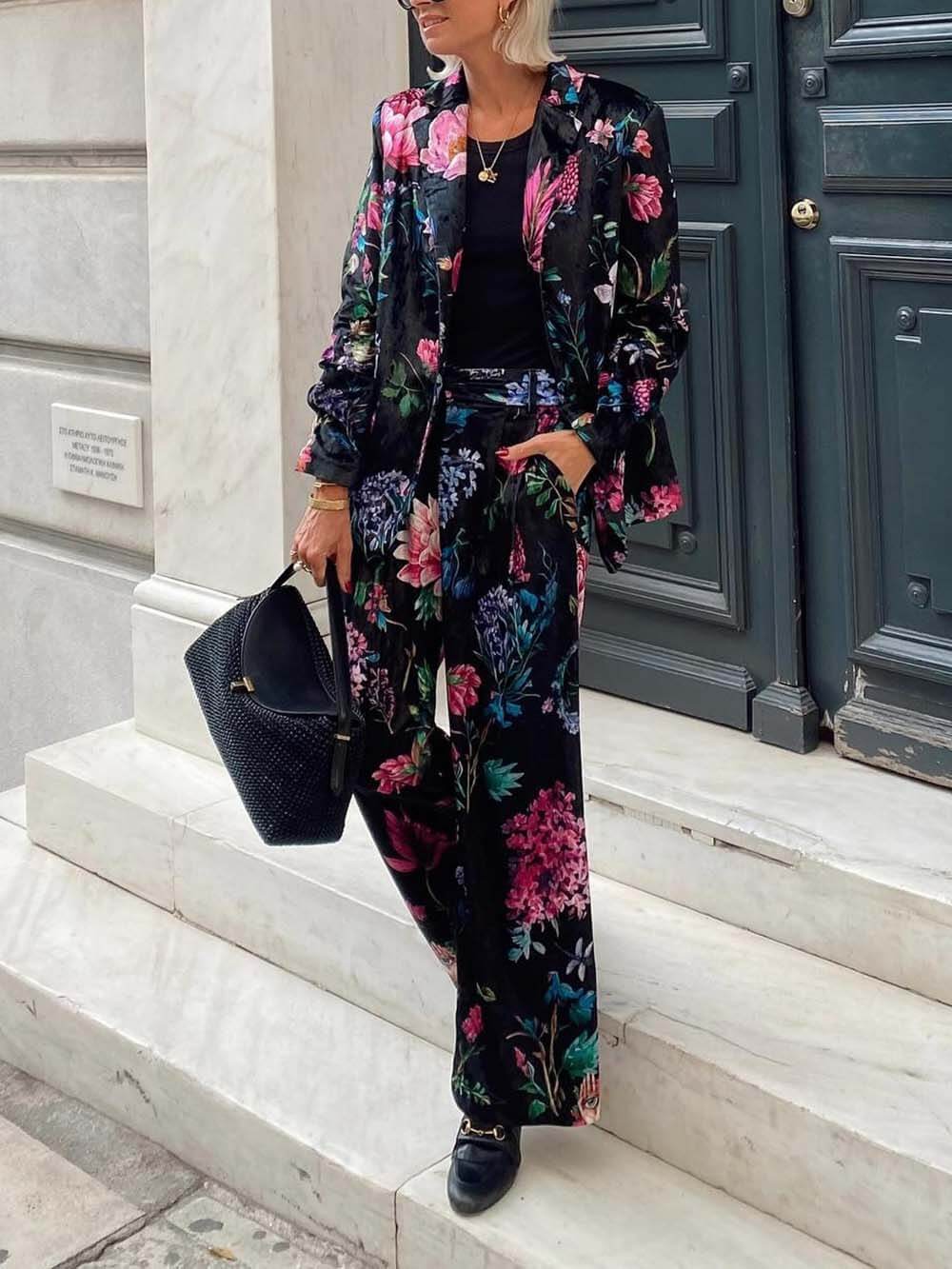 Retro Floral Print Blazer & High-Waist Wide-Leg Pants Set