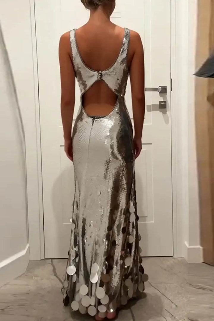 Exquisite Party Tips Sequin Irregular Round Tassels Hem Back Cutout Tank Maxi Dress