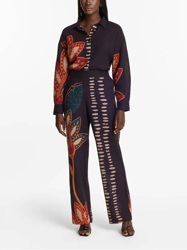 Exquisite Floral Print Linen Button-Down Loose Top