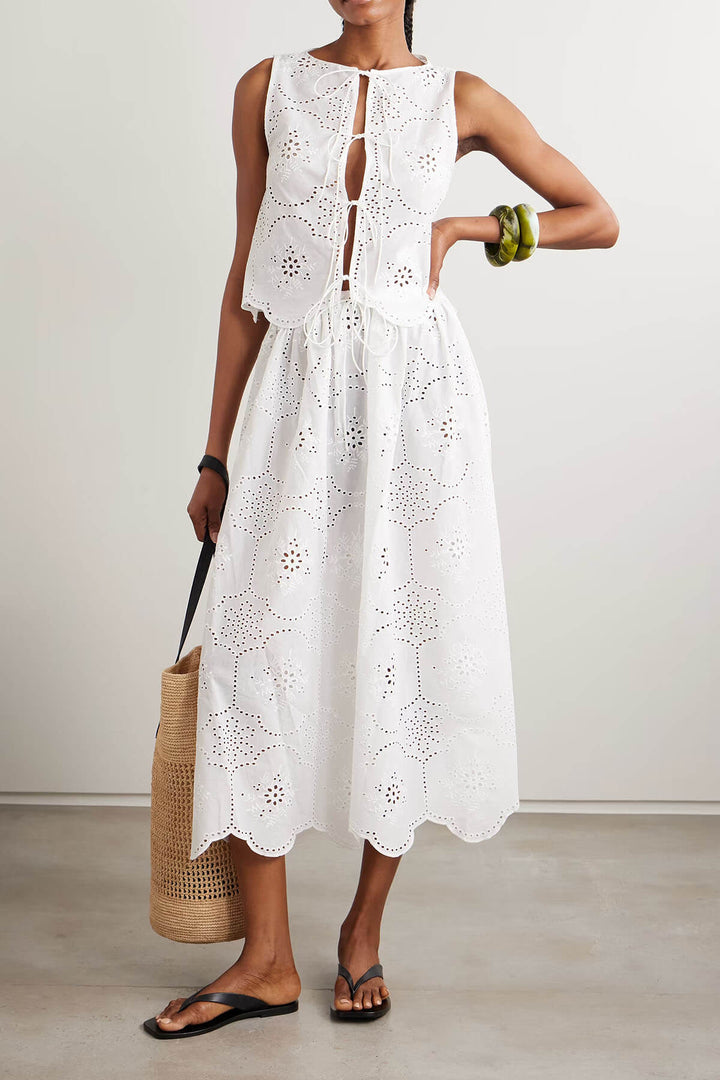 Fashionable Ruffled Hollow-Out Crochet Mid Skirt