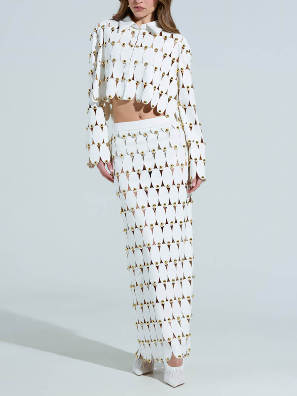 Exquisite Cut-Out Studded PU Cropped Cardigan Top And Maxi Skirt Set