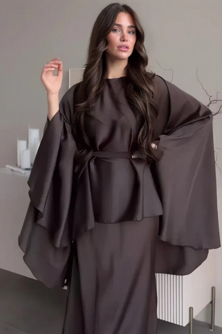 Fashionable Round Neck Irregular Batwing Sleeve Top Slim-Fit Maxi Skirt Set