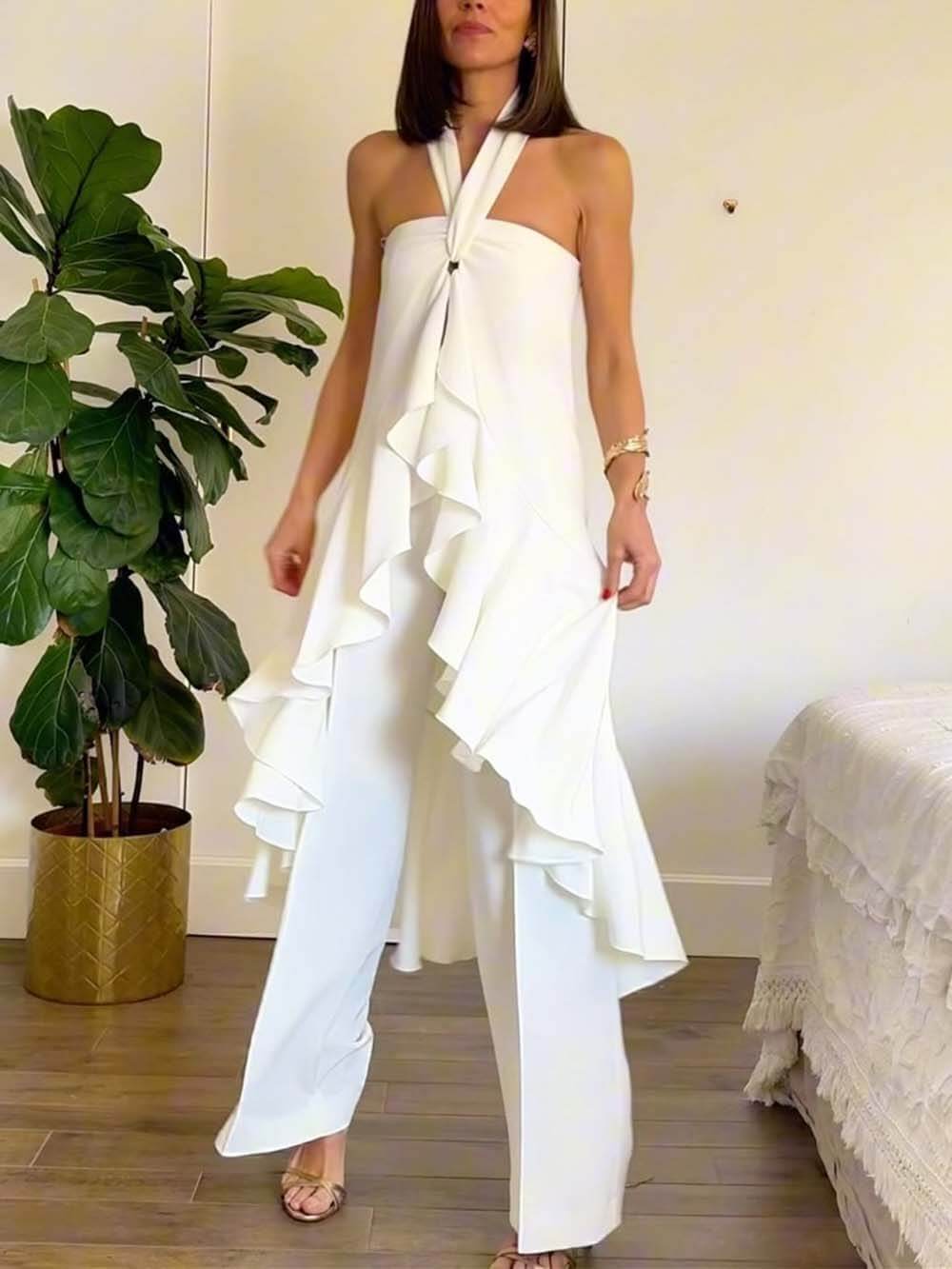 Classic High-Waist Pockets Wide-Leg Pants