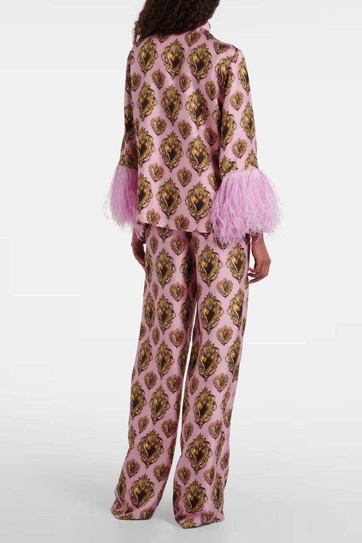 Exquisite Printed High-Waisted Satin Wide-Leg Pants