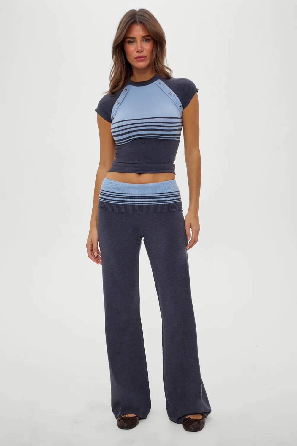 Retro Striped Button-Up Knit Shirt And Low-Rise Knit Pants Set