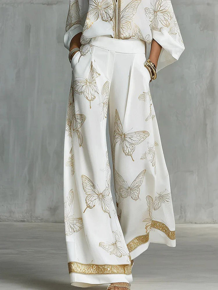Elegant Butterfly Print Wide-Leg Pants