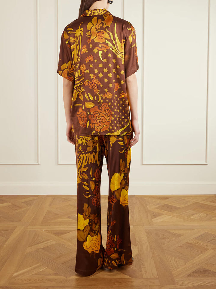 Unique Printed Satin Elastic Waist Pocket Wide-Leg Pants