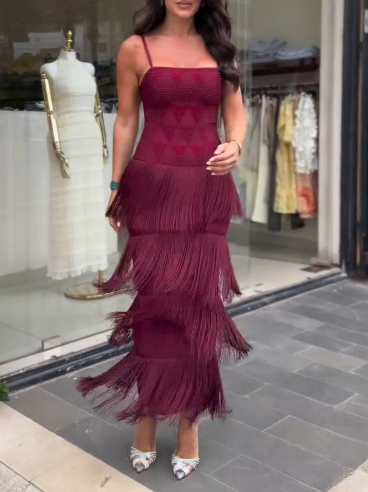 Elegant Layered Fringe Spaghetti Strap Maxi Dress