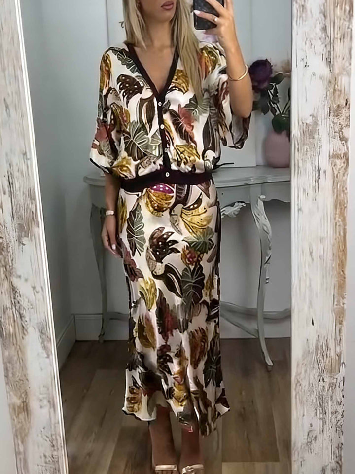 Retro Jungle Palm Leaf Satin Print Batwing Sleeve Shir