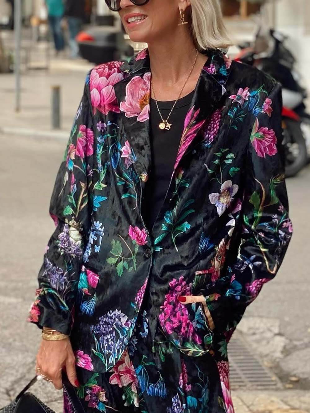 Retro Floral Print Blazer & High-Waist Wide-Leg Pants Set