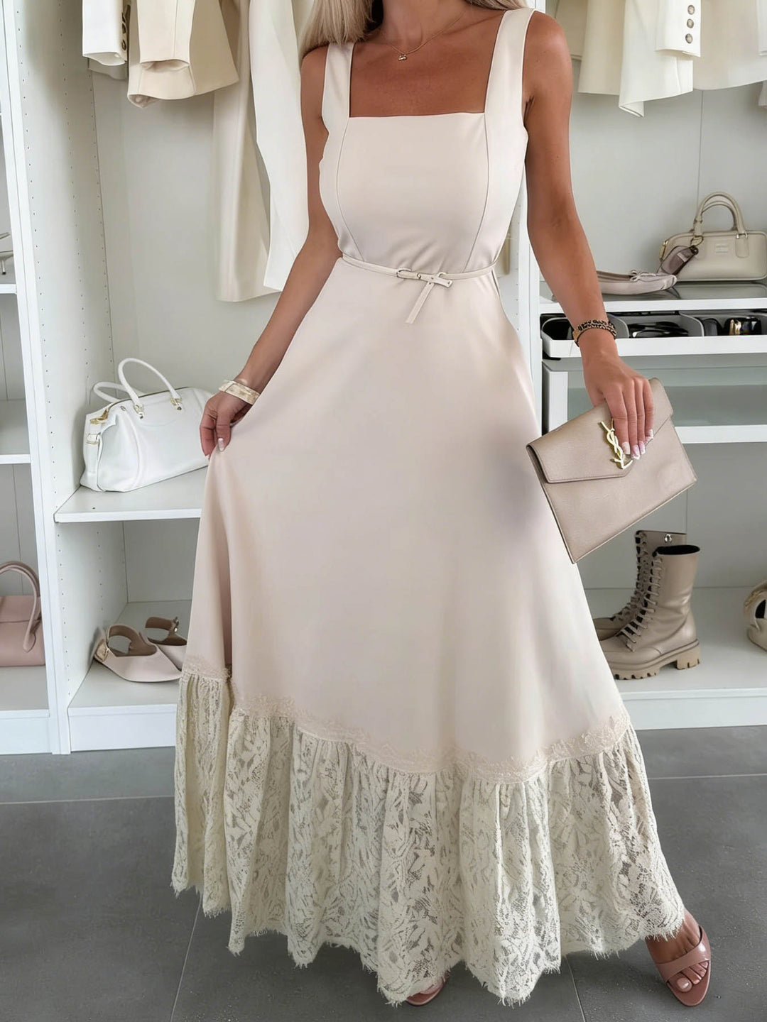 Elegant Square Neck Tie-Up Lace Maxi Dress