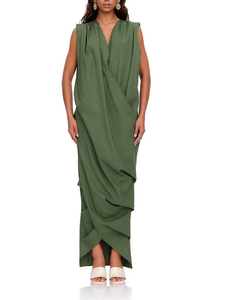 Modern Pleated Draped Linen Maxi Dress
